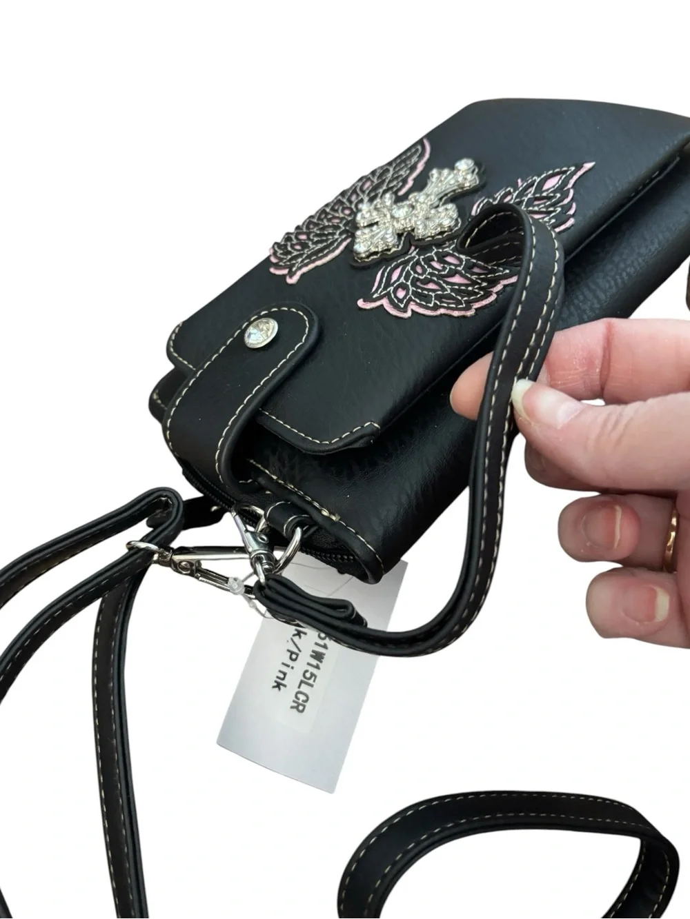 Black Vegan Leather Crossbody Phone Pouch Winged Crystal Cross Accent Wristband